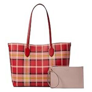 #177 - NWT - kate spade new york Bleecker Museum Plaid PVC Large Tote Engine Red